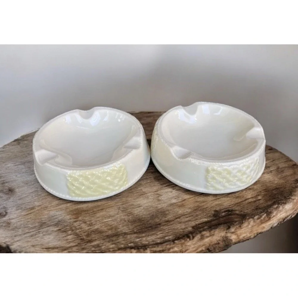 VTG Belleek Ireland Basketweave Lattice Ashtrays Set of 2 Green Mark READ
